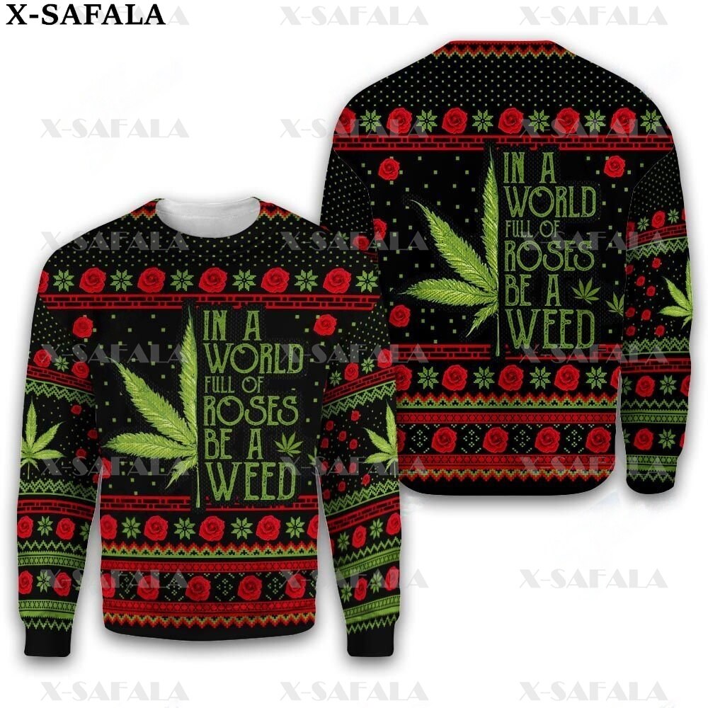Christmas UGLY SWEATER ROSE WEED Leaf 3D Print Zipper Hoodie Man Female Pullover Sweatshirt Hooded Jacket 2 - Weed Hoodie