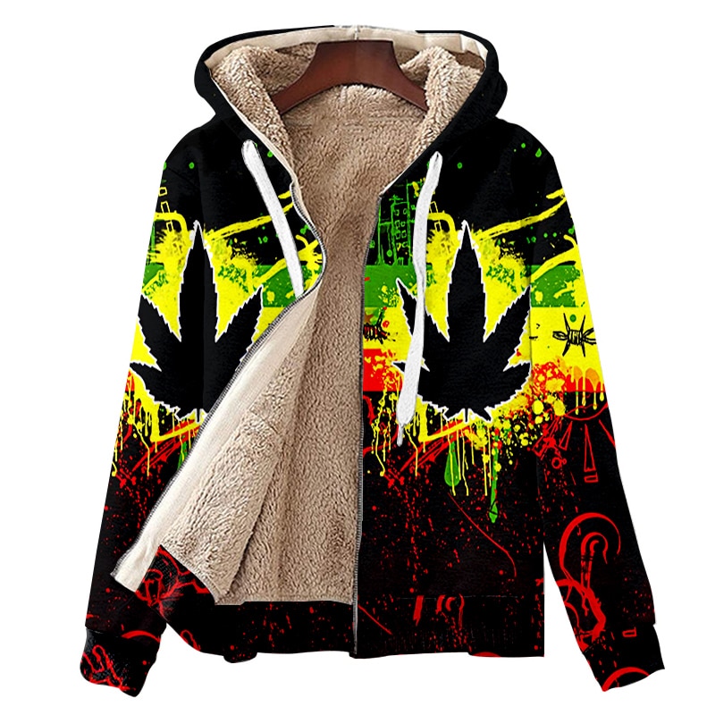 Oversized Fleece Men s Winter Jacket Thermal Black Weeds Knitted Polar Yellow Padded Color Parkas Coat - Weed Hoodie
