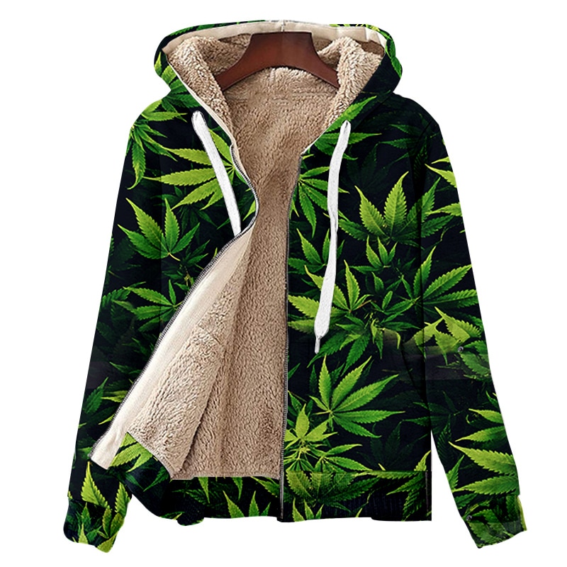 Thermal Oversized Fleece Men s Winter Jacket Weeds Cardigan Green Coat Streetwear Knitted Harajuku Parkas Bomber - Weed Hoodie